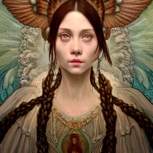 Image similar to hyperrealistic detailed portrait of a seraphim from layers of fear in the style of gothic and mucha sharp focus 8 k