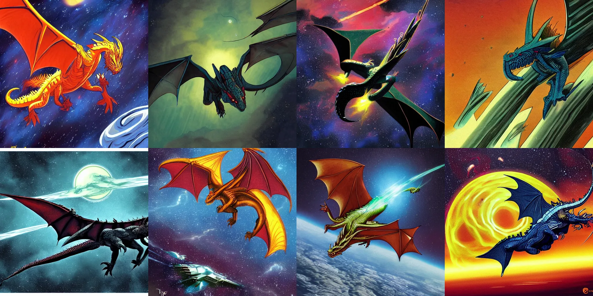 Prompt: A dragon flying through space, in the style of Vincent DiFate and Jim Burns