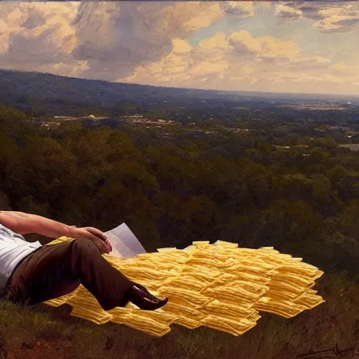 Image similar to donald trump reclining on a mound of cheeseburger wrappers, highly detailed, sharp focus, matte painting, by isaac levitan and asher brown durand,