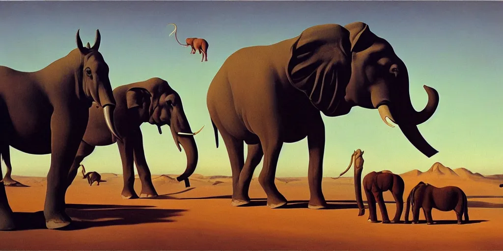 Image similar to Surrealist painting of horses and elephant with giant legs in a strange and curious desert, dali, magritte, Ethereal, artstation, 8k