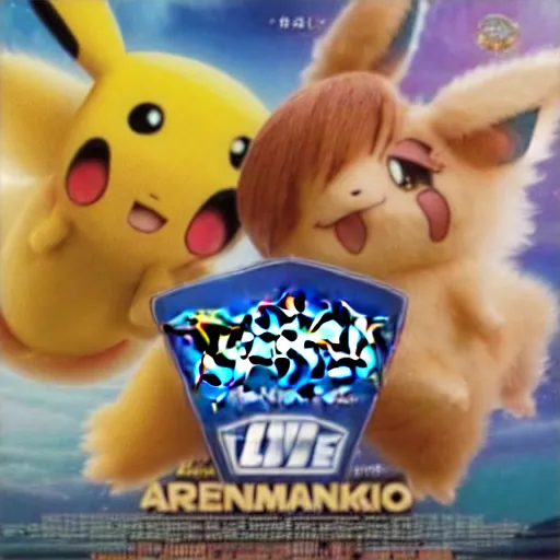 Image similar to a live action Pokemon movie poster featuring Ariana Grande and Mark Hamill, realistic pokemon