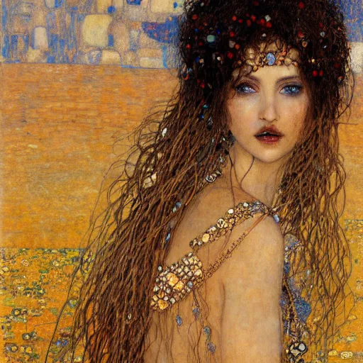 Image similar to seductive goddess in desert, intricate detail, klimt, royo, whealan,