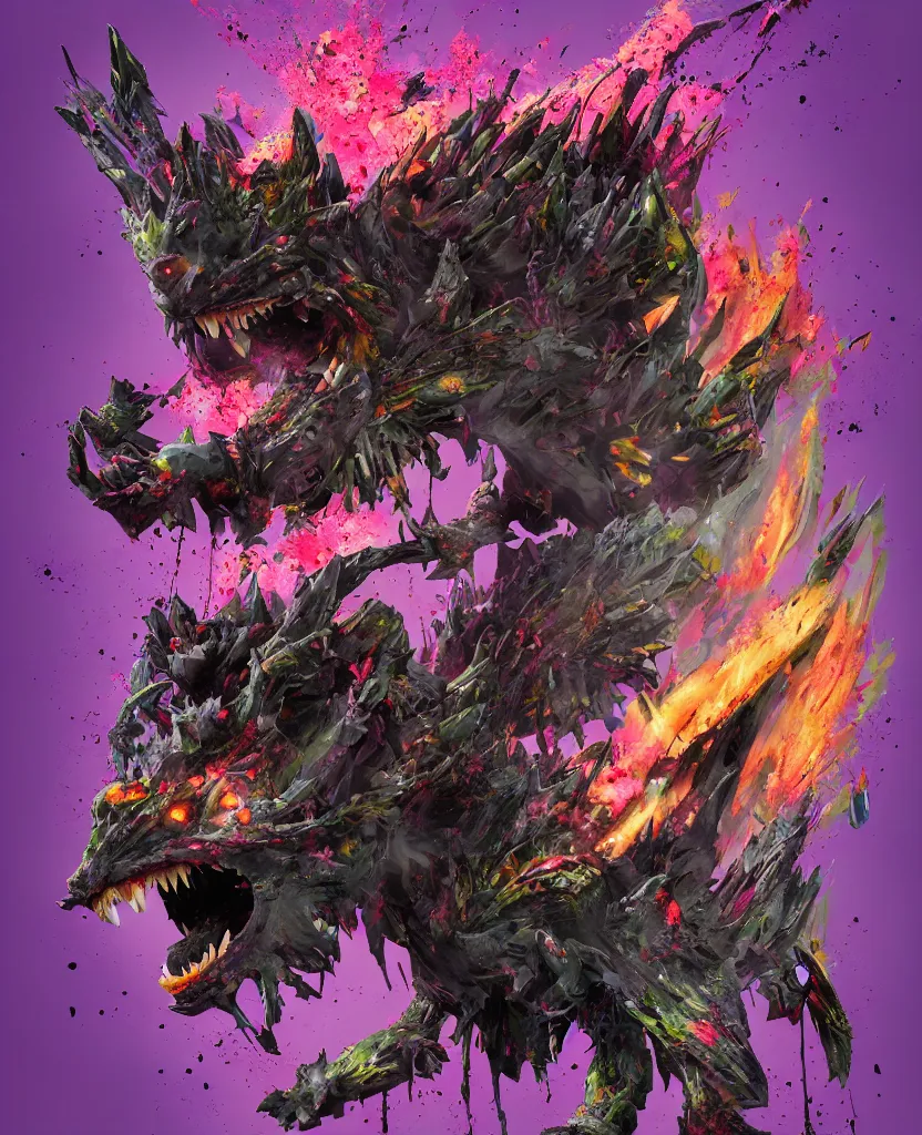 Prompt: a fierce hostile 3 d render of hellhound, pixiv fanbox, dramatic lighting, giant gladiola, maximalist pastel color palette, splatter paint, pixar and disney exploded - view drawing, graphic novel by fiona staples and dustin nguyen, peter elson, alan bean, wangechi mutu, trending on artstation