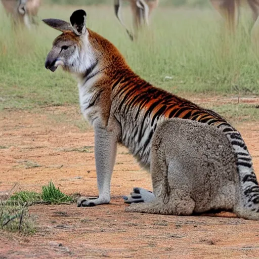 Prompt: a bearded kangaroo with tiger stripes