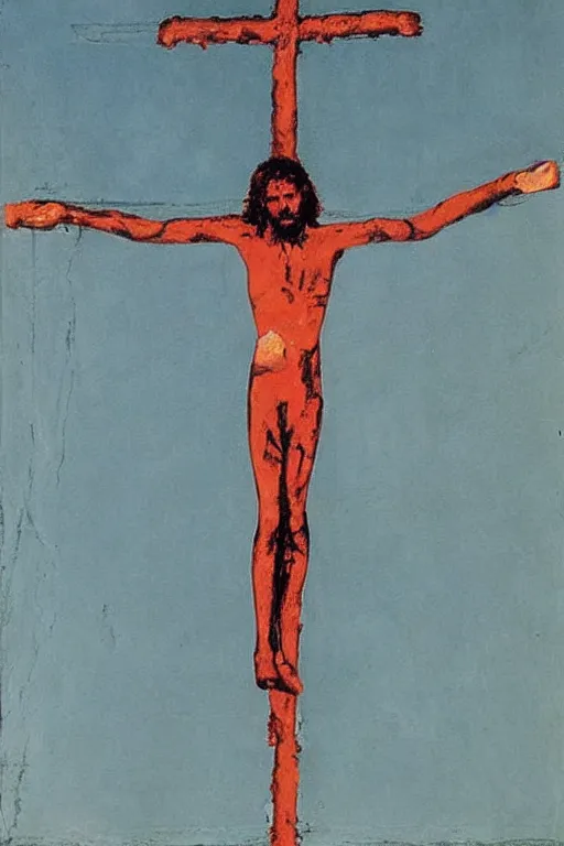 Image similar to bloody christ crucified and huge ufo in the sky painted by cy twombly and andy warhol