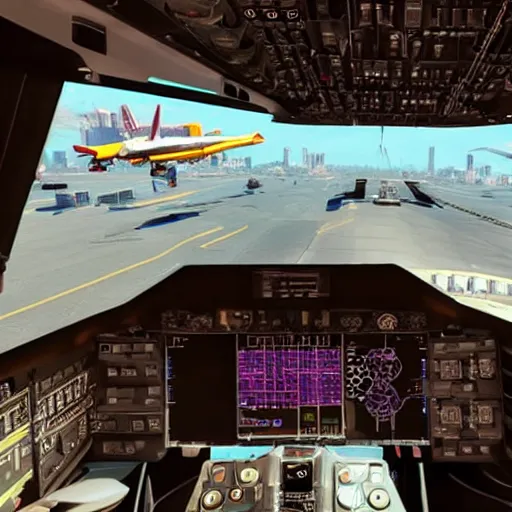 Prompt: microsoft flight simulator for cyberpunk 2077.