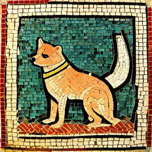 Image similar to an ancient roman tile mosaic depicting a shiba inu in a noble toga