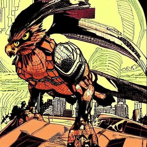 Image similar to falcon morphed with calico cat highly detailed in the style of “ frank miller ” and katsuhiro otomo tokyo cityscape