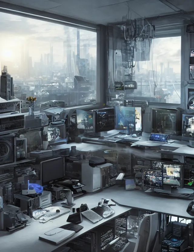 Image similar to artstation scifi scene of a complex computer workstation in a small studio apartment room, many monitors, many electronics, a window view, very detailed, maximalism, ambient occlusion, volumetric light, sun beam, atmospheric haze, unreal engine, hyper realism, realistic shading, cinematic composition, realistic render, octane render, detailed textures, photorealistic, wide shot