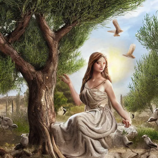 Image similar to portrait of ancient young beautiful woman on earth between olive trees and doves of peace in primeval waters, dynamic lighting, cinematic, establishing shot, extremely high detail, photo realistic, cinematic lighting, oil painting, intricate line drawings