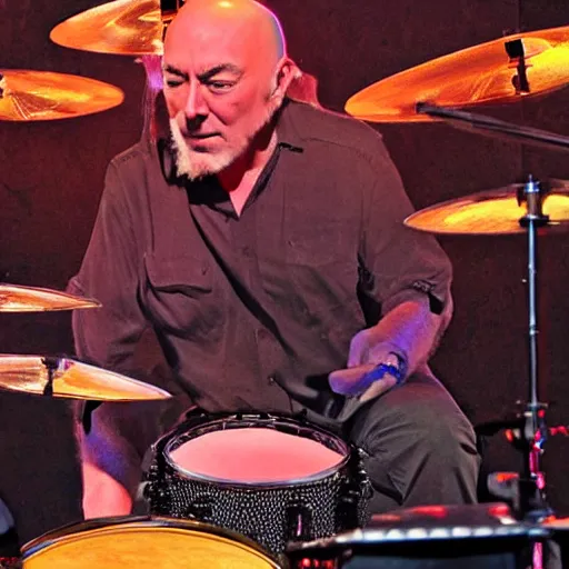 Image similar to Neil Peart as a bald guy with a beard playing drums on stage, hyper realistic, extremely detailed, soft lighting