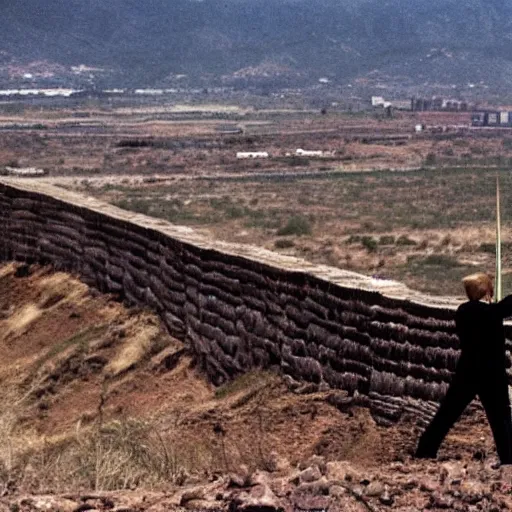 Image similar to Donald Trump standing on top of his giant wall on the Mexican border, operating a mounted MG-42 and gunning down hordes of Mexicans attempting to climb the wall