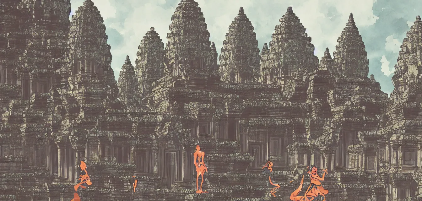 Prompt: angkor wat made out of metal, makoto shinkai, james jean, victo ngai