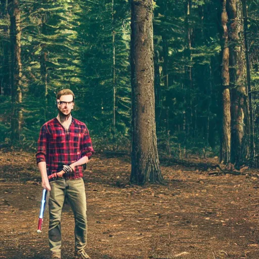 Prompt: cinematic still of 25 year old white man :: glasses : : brown beard : : dressed red plaid shirt : : holding a lightsaber : : forest background : : action movie