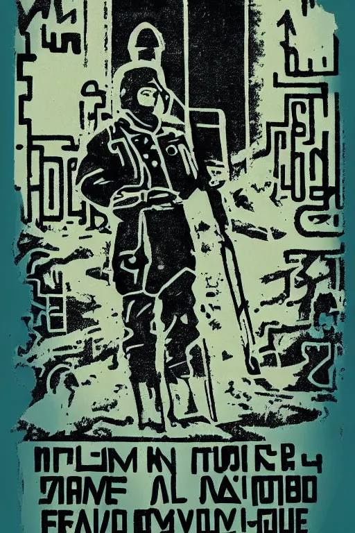 Image similar to “A man with a metal detector on a field. Word METAL written in Cyrillic letters. Soviet propaganda poster in the style of Dmitry Moor”