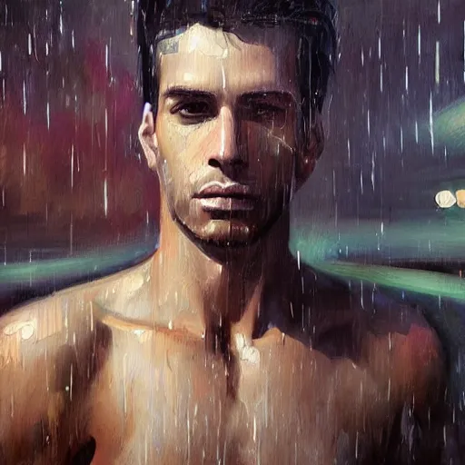 Image similar to a beautiful toned man in the rain, aesthetic, oil painting, pale colors, high detail, 8 k, wide angle, trending on artstation,