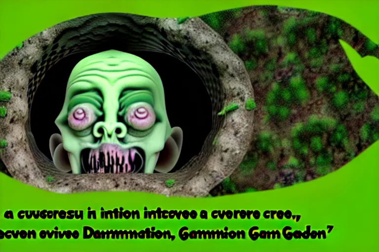Prompt: a cursed image of a creature infested crevice, evil, staring at you, damnation, liminal, garden