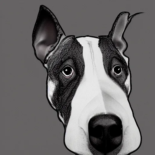 Image similar to Bull Terrier, Dog, Portrait, Male, very detailed, artstation, digital art, complex, award winning, masterpiece, realism