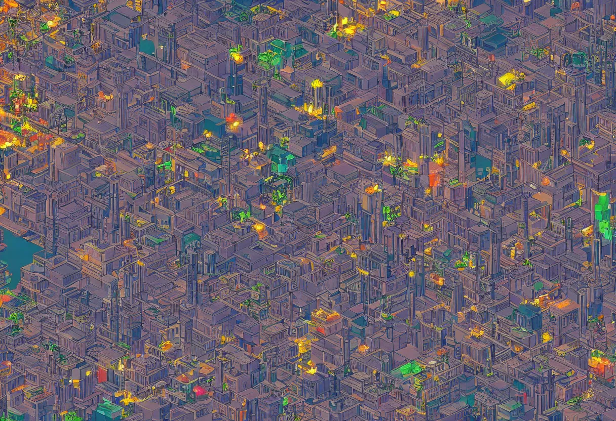 Prompt: a wide shot of a city with 2 planets that's collide in the sky, night time, 16bits, pixel art, degradation filter, compression, low saturation, crushed graphics, chromatic aberration, 2D, flat