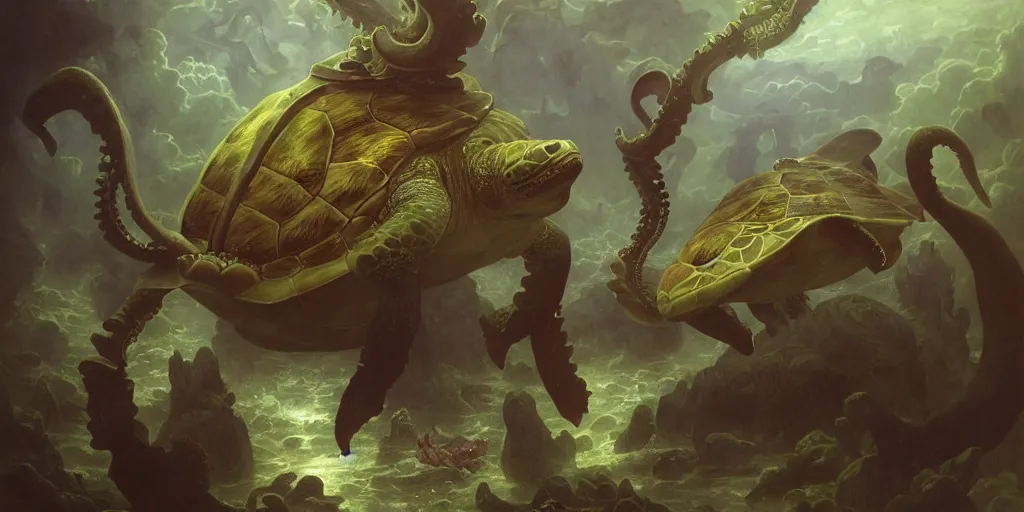 Prompt: Fantasy fairytale story, Great Leviathan Turtle, cephalopod, Cthulhu Squid Terrapin, Mysterious Island, center Universe, hybrid, Reptilian Cyborg, Mystical, Anubis Warrior, Atlantean, intense fantasy atmospheric lighting, hyperrealistic, William-Adolphe Bouguereau, François Boucher, Jessica Rossier, Michael Cheval, michael whelan, Cozy, hot springs hidden Cave, Forest, candlelight, natural light, lush plants and flowers, Spectacular Mountains, bright clouds, luminous stellar sky, outer worlds, Golden dapple lighting, Solar Flare Unreal Engine, HD,