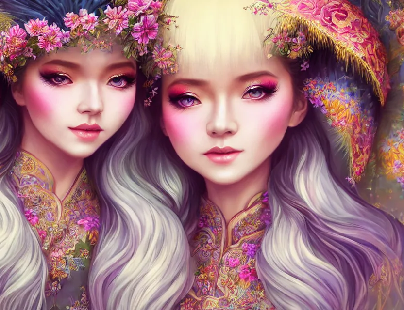 Image similar to two beautiful fashion siberian girls wear fantasy kimono in festival | | big eyes, sunny, dreamlike art, realistic shaded, smile, good looking, hyper details, 4 k realistic, cryengine, realistic shaded lighting poster by artgerm, ross tran, fuji choko, loish, 8 k resolution, trending on artstation, luxury