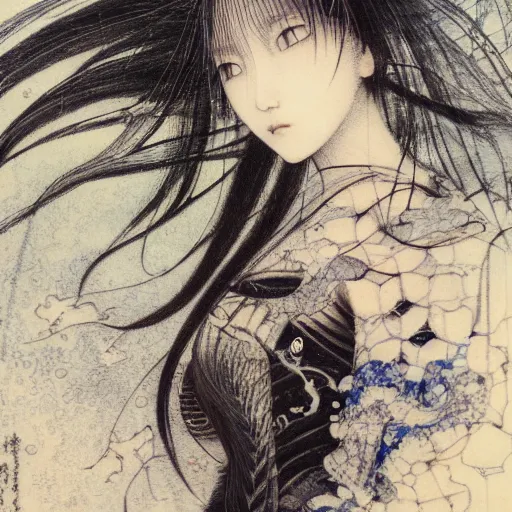 Image similar to yoshitaka amano blurred and dreamy illustration of a japanese woman with black eyes, wavy white hair fluttering in the wind wearing elden ring armor with engraving, abstract patterns in the background, noisy film grain effect, highly detailed, renaissance oil painting, weird portrait angle, blurred lost edges, three quarter view