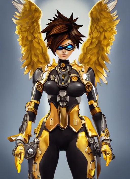 Prompt: full body oil painting of tracer overwatch, angel wings, dramatic painting, symmetrical composition, wearing gold detailed choker, golden cuffs, golden armor, detailed face and eyes,