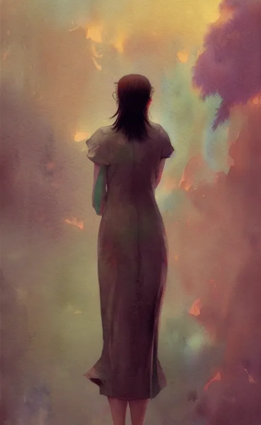 Image similar to female in office dress. intricate, amazing composition, colorful watercolor, by ruan jia, by maxfield parrish, by marc simonetti, by hikari shimoda, by robert hubert, by zhang kechun, illustration, gloomy, volumetric lighting, fantasy