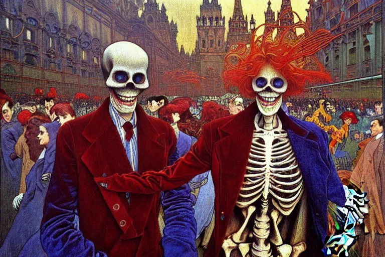 Prompt: realistic detailed closeup portrait painting of a single skeleton wearing crimson velvet blazer in a crowded futuristic moscow street by Jean Delville, Amano, Yves Tanguy, Alphonse Mucha, Ernst Haeckel, Ilya Repin, Edward Robert Hughes, Andrei Tarkovsky, Roger Dean, rich moody colours, blue eyes