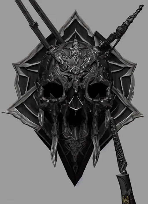 Image similar to a black great sword mini skull crest, orthographic, ornament, weapon, a 3 d render by dom qwek, front side full, trending on polycount, artstation, hard surface modeling, rendered in maya, zbrush, blender, hd, vray, berserk, symmetry