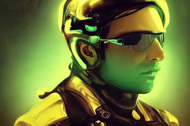 Prompt: Beautiful portrait of a glowing translucent body glowing male police officer wearing cool shades. Green fluorescent aura around officer, wide angle, magic, fire, darkness, dramatic lighting, Africa, intricate, wild, highly detailed, digital painting, artstation, concept art, smooth, sharp focus, illustration, art by artgerm and greg rutkowski and alphonse mucha, footage from space camera