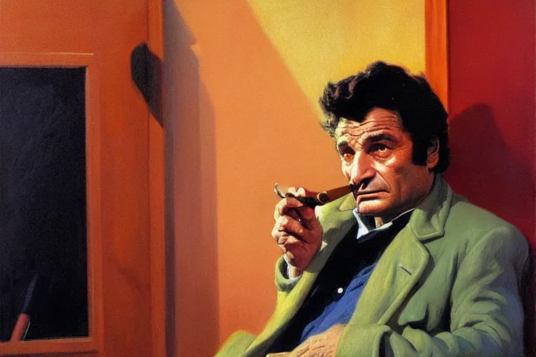 Prompt: police detective columbo ( young peter falk ) in his trenchcoat, holding his head in one hand and a cigar in the other. 1 9 7 0 s oil painting in the style of edward hopper and ilya repin gaston bussiere, craig mullins. warm colors. detailed and hyperrealistic.