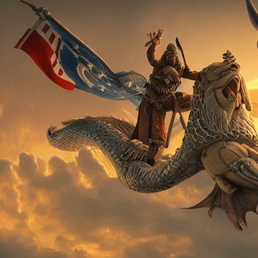 Image similar to a viking flies aboard a dragon holding the severed head of donald trump over the white house, highly detailed, 8 k