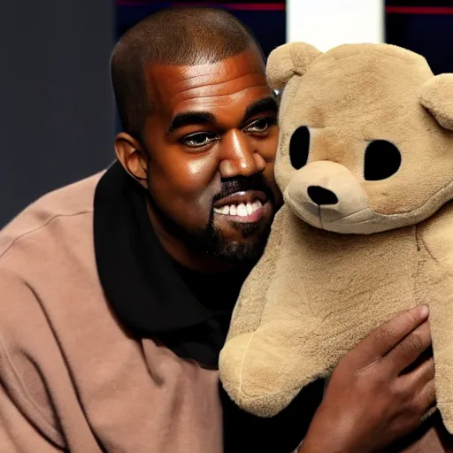 Prompt: kanye west holding a pete davidson plush toy