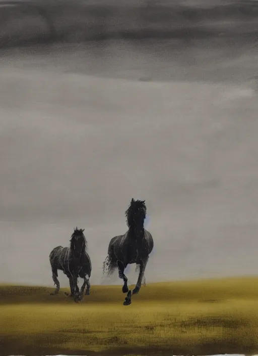 Prompt: three horses running in a field, by norman ackroyd