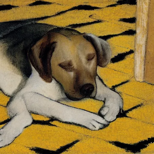 Prompt: degas painting of a yellow lab sleeping contentedly on a patterned rug inside a house at night, lit by warm yellow floodlights