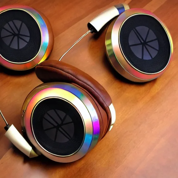 Image similar to masterpiece photo of beautiful crafted artistic bismuth metal headphones, bismuth rainbow metal, bismuth cups, leather padding, displayed on mahogany desk, modernist headphones, bismuth headphones beautiful well designed, hyperrealistic, audiophile, intricate hyper detail, extreme high quality, photographic, audeze, sennheiser, hifiman, artstation, abyssal audio