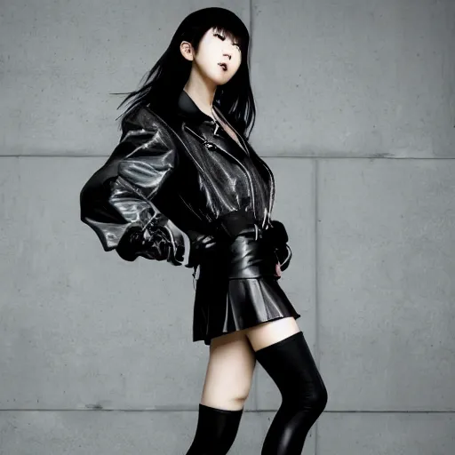 Image similar to a dynamic, epic cinematic 8K HD movie shot of a japanese young J-Pop idol girl wearing leather jacket, miniskirt, nylon tights and high heels boots. Motion, VFX, Inspirational arthouse