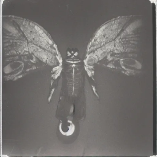 Prompt: real Polaroid photo of Mothman, red eyes,