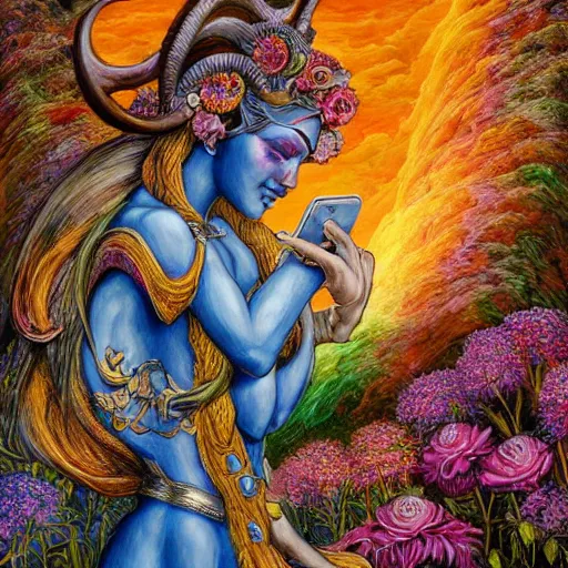 Image similar to josephine wall, horned ram goddess, checking her cell phone, erupting volcano in distance, sunset, flowers in foreground, zodiac, fantasy acrylic on canvas, intricately detailed, highly detailed, high resolution, hdr, 8 k, by senior concept artist, trending on artstation