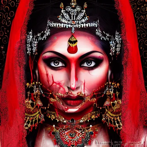 Prompt: beautiful Hindu queen of the dark with veil, in darkness, cover with a lot of red water, horror terrifying, surreal realistic, photorealistic, hyper details, full HD, 8k!