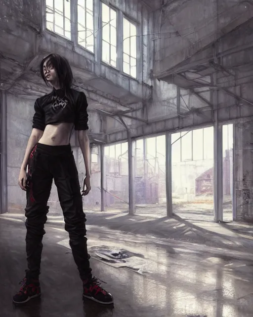 Image similar to daniel gerhartz and artgerm portrait digital realist painting of a beautiful woman wearing streetwear clothing, abandoned warehouse interior in the background, unreal engine, hyper realism, realistic shading, cinematic composition, realistic render, octane render, detailed textures, photorealistic, ultrawide shot, 3 5 mm film