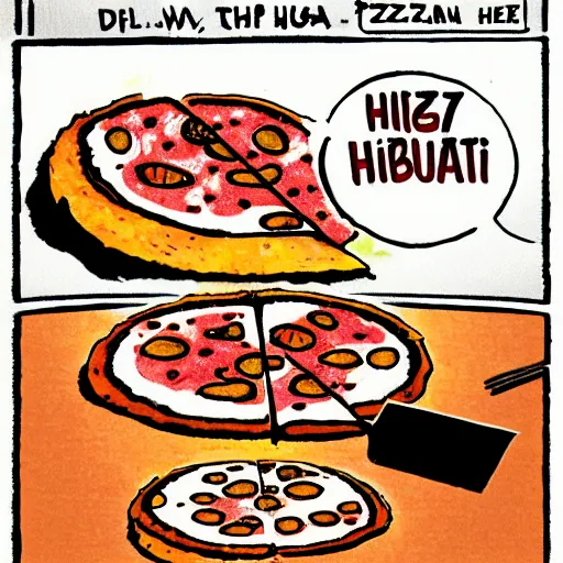 Image similar to sentient pizza rebelling against pizza hut, cartoon, high quality