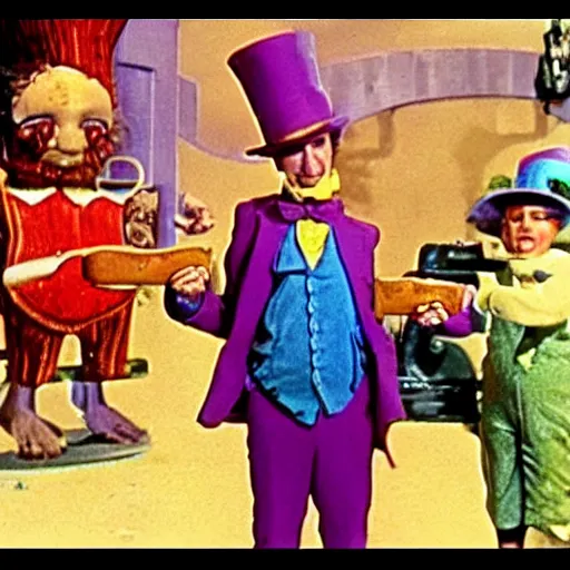 Image similar to Willy Wonka warning of the dangers of Pizza, cinematic Eastman 5384 film