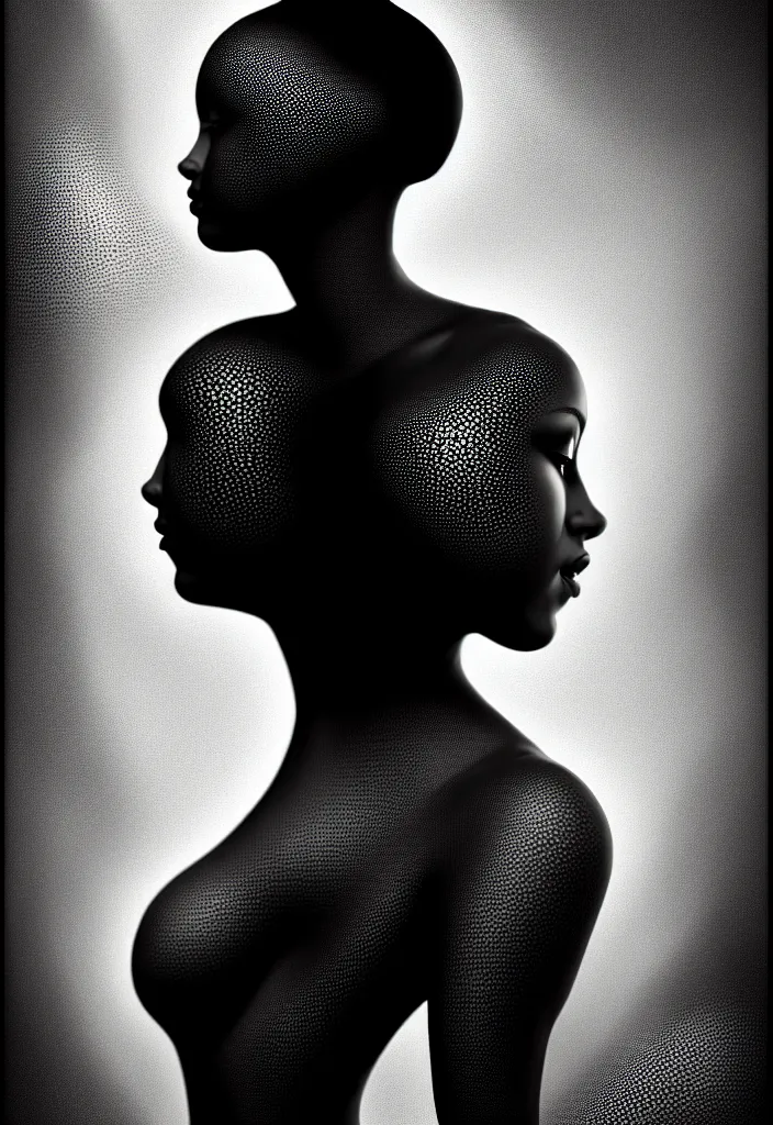 Image similar to portrait of a young beautiful woman with a partially face covering mask. fractal, mandelbulb technique. black and white, black on black. intricate, elegant, super highly detailed, professional digital painting, smooth, extreme illustration, 8k, 3D, beautiful, cinematic. art deco, art nouveau.