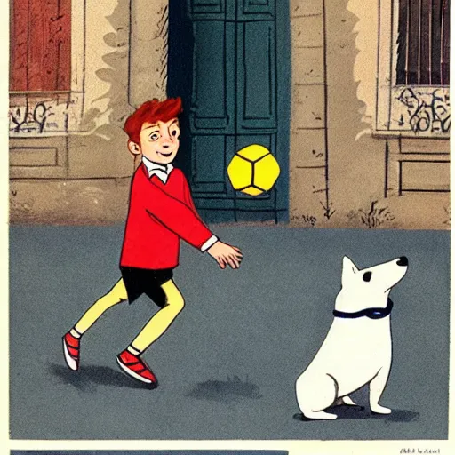 Image similar to book illustration of a french boy on the streets of paris playing football against a corgi, the dog is wearing a polka dot scarf, 1 9 6 6