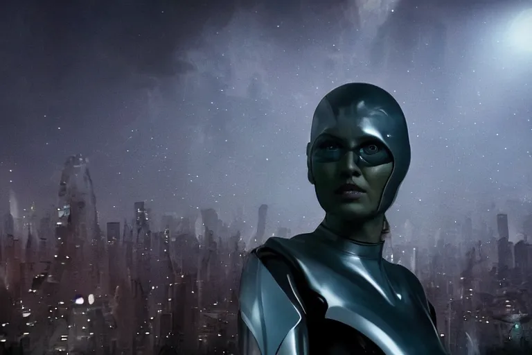 Image similar to VFX movie closeup portrait of a futuristic inhuman alien hero woman in spandex armor in future city, hero pose, beautiful skin, night lighting by Emmanuel Lubezki