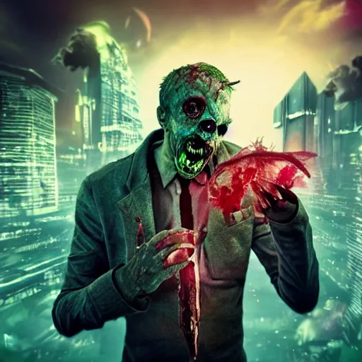 Image similar to a zombie holding a severed head, futuristic city, synthwave, highly detailed face, fantasy, epic, high quality