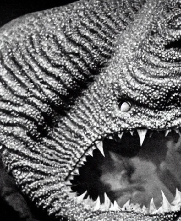 Prompt: a close-up view of Pulgasari the North Korean starfish monster, filmstill, produced by Kim Jong-il, Kodachrome, kaiju-eiga, monster movie, communist propaganda, film noir, 35mm film grain, Cooke Varotal 20-100mm T3.1, in the style of Ishirō Honda and Stanley Kubrick