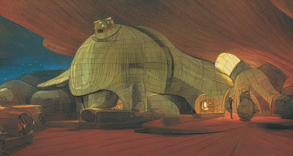 Prompt: a giant tardigrades house in the middle of nowhere, by syd mead, moebius, j. h. williams iii, triadic color scheme